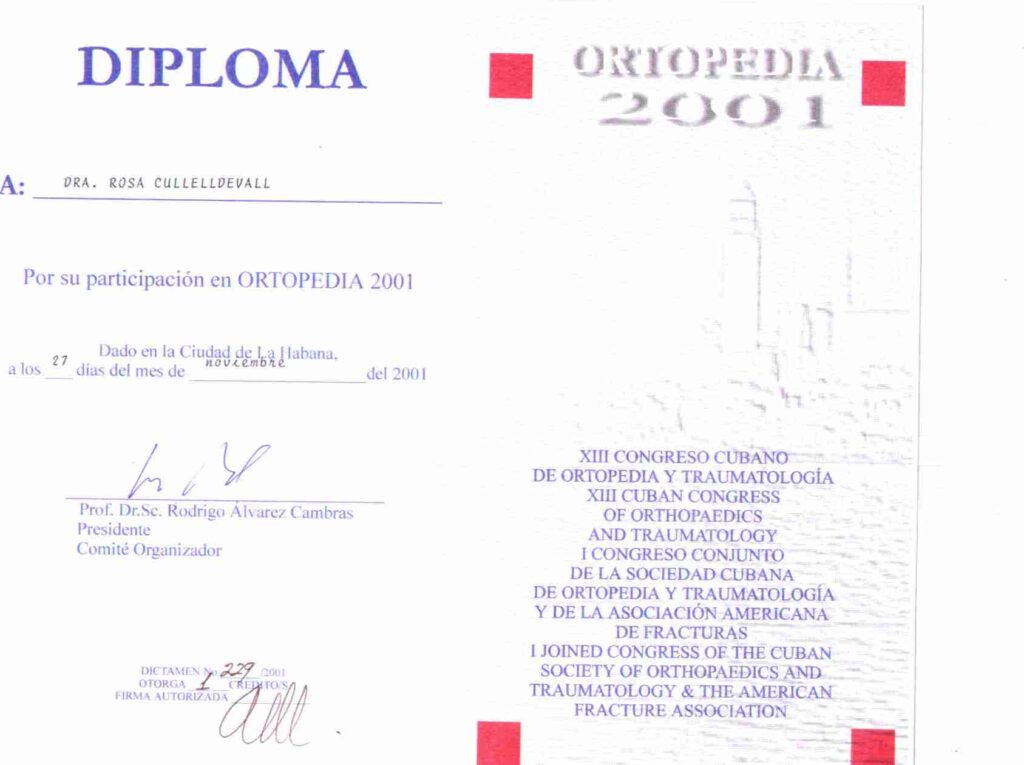 Participación en el XIII Congreso Cubano de Ortopedia y Traumatología — La Habana, 27 de noviembre de 2001.